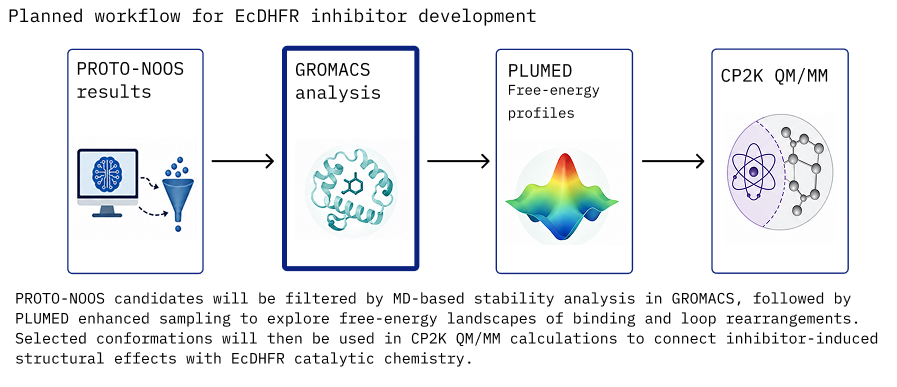 Planned workflow: PROTO-NOOS results, GROMACS stability analysis, PLUMED free-energy profiles, CP2K QM/MM